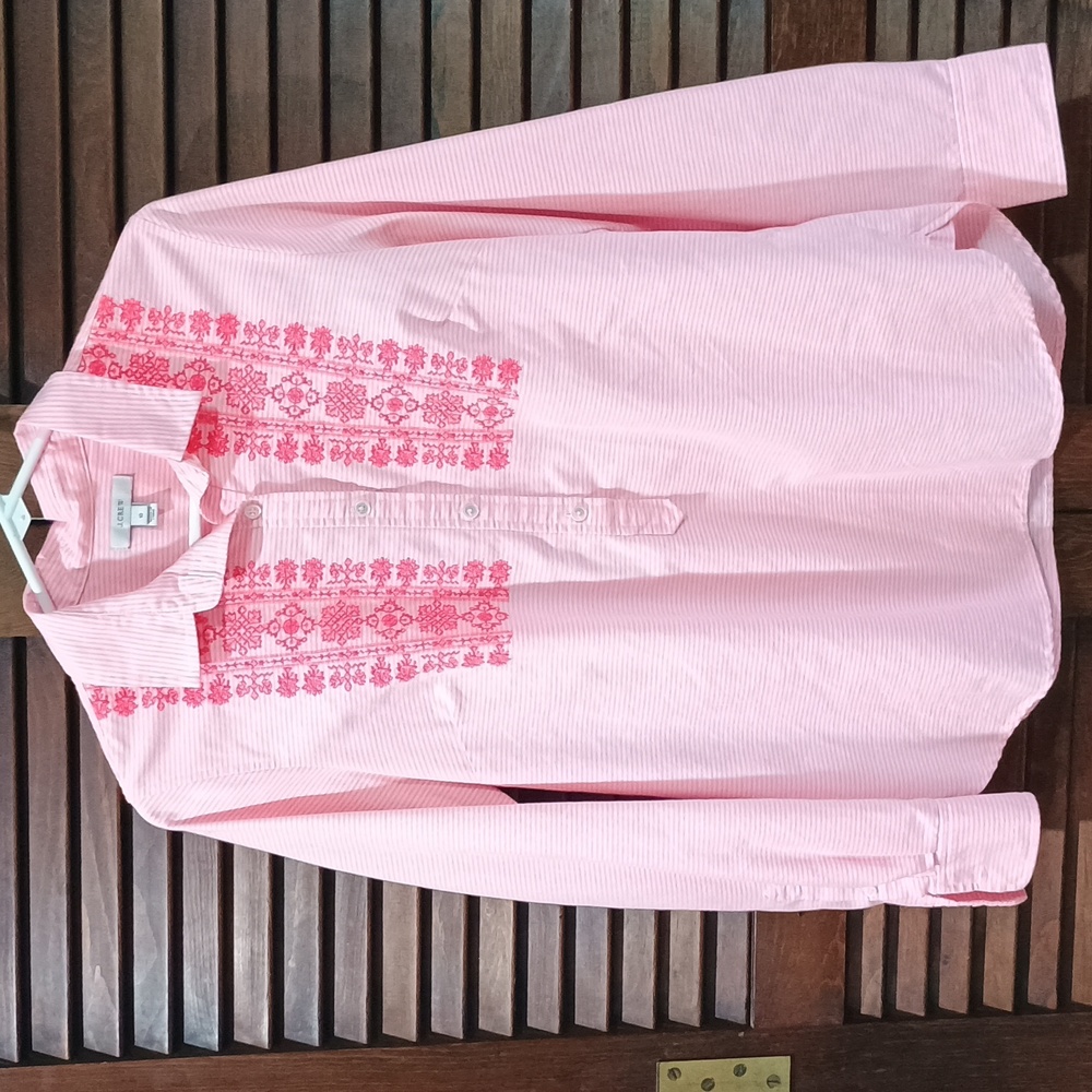 J.Crew Pink Striped Long Sleeve Shirt with Floral Embroidery Size 10 Top Blouse